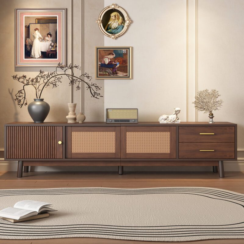 Mid Century Modern TV Stand for 80" TVs, Entertainment Center with Sliding Doors and Drawers, TV Table with Storage for Living Room, Bedroom - Image 6