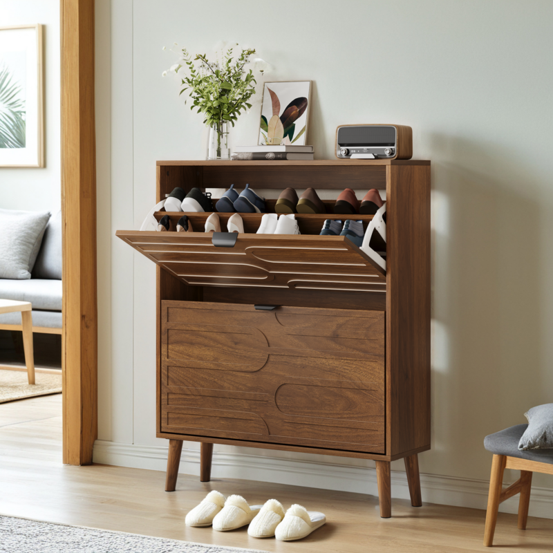 Medieval Modern Independent Shoe Cabinet, 31.5-inch Walnut Shoe Storage Cabinet,, Fence Shoe Cabinet with 2 Flip Drawers, Suitable For Corridors And Entrances - Image 2