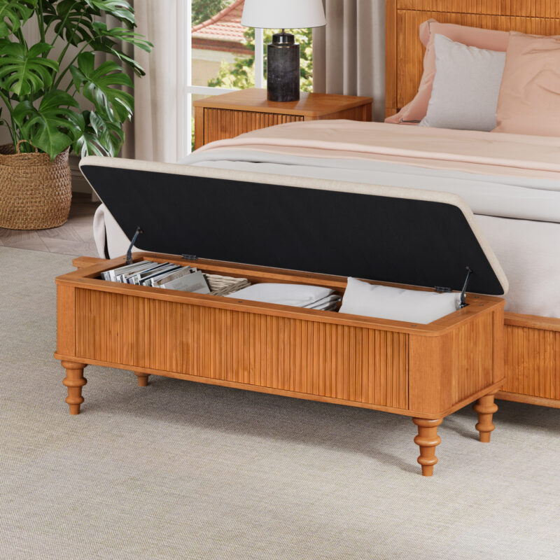 50.8-inch Multi-Functional Storage Ottoman Bench-Solid Rubberwood Bed End Bench with Linen Seat, Storage Bench for Bedroom, Entryway Shoe Organizer for Bedroom, Living Room, Entryway, Closet, Natural - Image 2