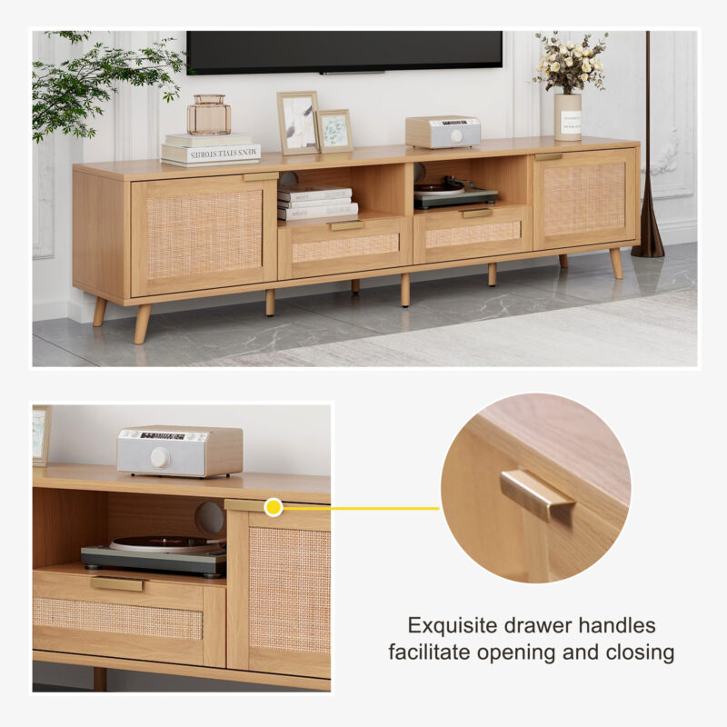 Rattan TV Stand for TVs up to 85'', Modern Farmhouse Media Console, Entertainment Center with Solid Wood Legs, TV Cabinet for Living Room,Home Theatre - Image 7