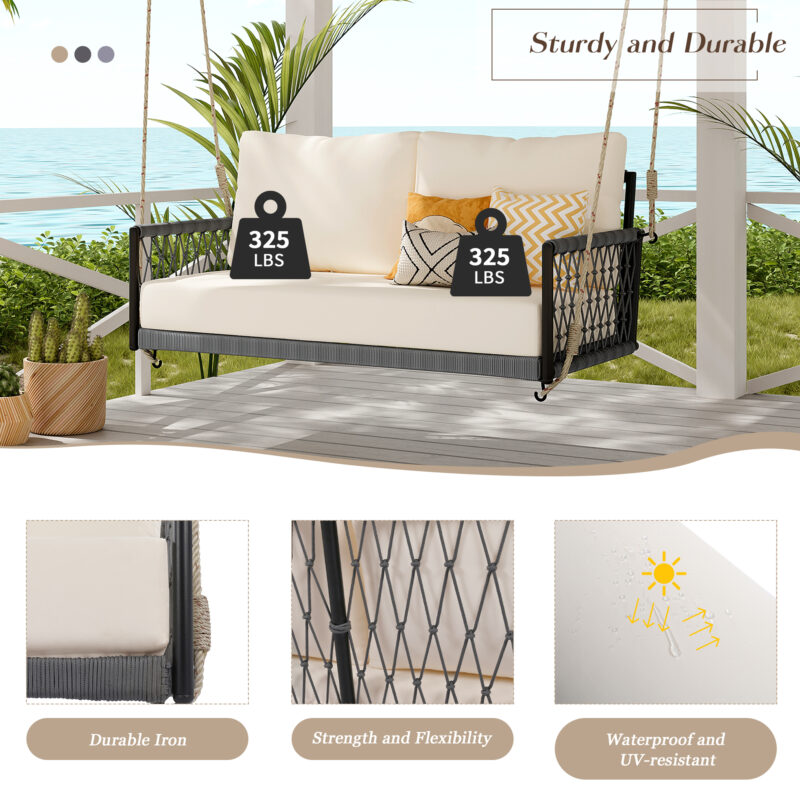TREXM 1-Piece Woven Rope Outdoor Swing Sofa with Soft Cushions Seating 2 for Patio, Courtyard and Balcony (Beige) - Image 8