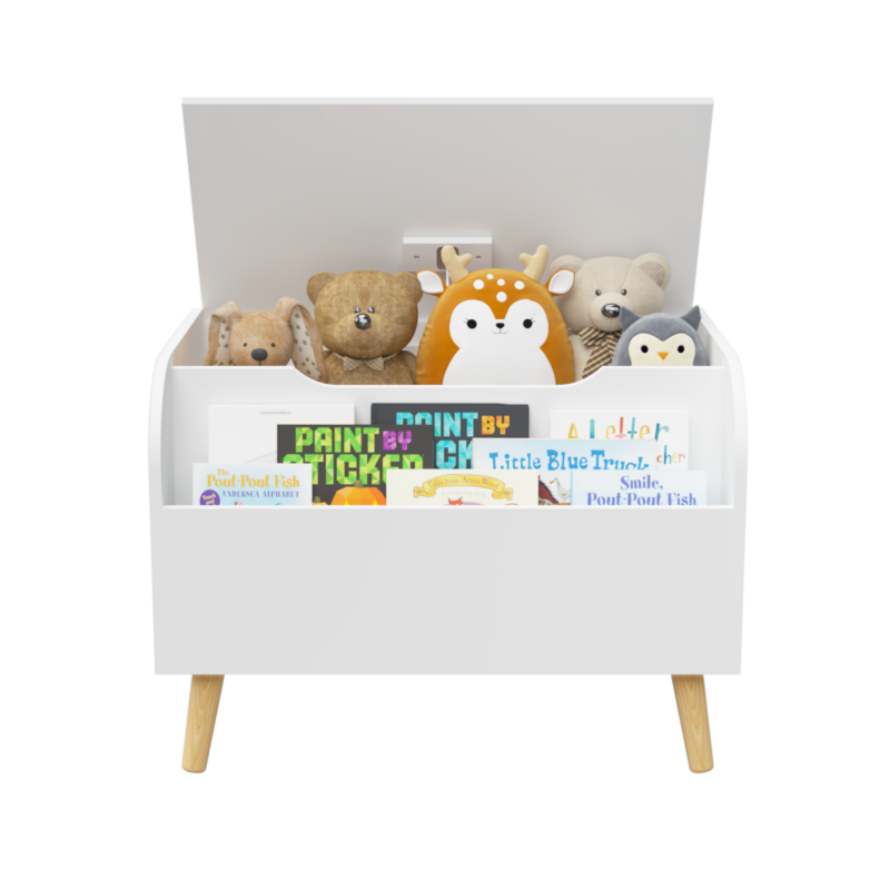 Wooden Toy Box, Kids Toy Storage Organizer with Front Bookshelf, Flip-Top Lid, Safety Hinge, Boys Girls Toy Chest Bench for Playroom Kids Room Organization (White) - Image 9