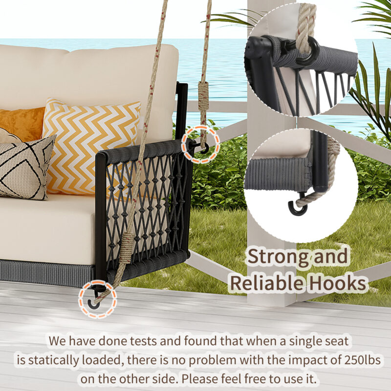 TREXM 1-Piece Woven Rope Outdoor Swing Sofa with Soft Cushions Seating 2 for Patio, Courtyard and Balcony (Beige) - Image 7