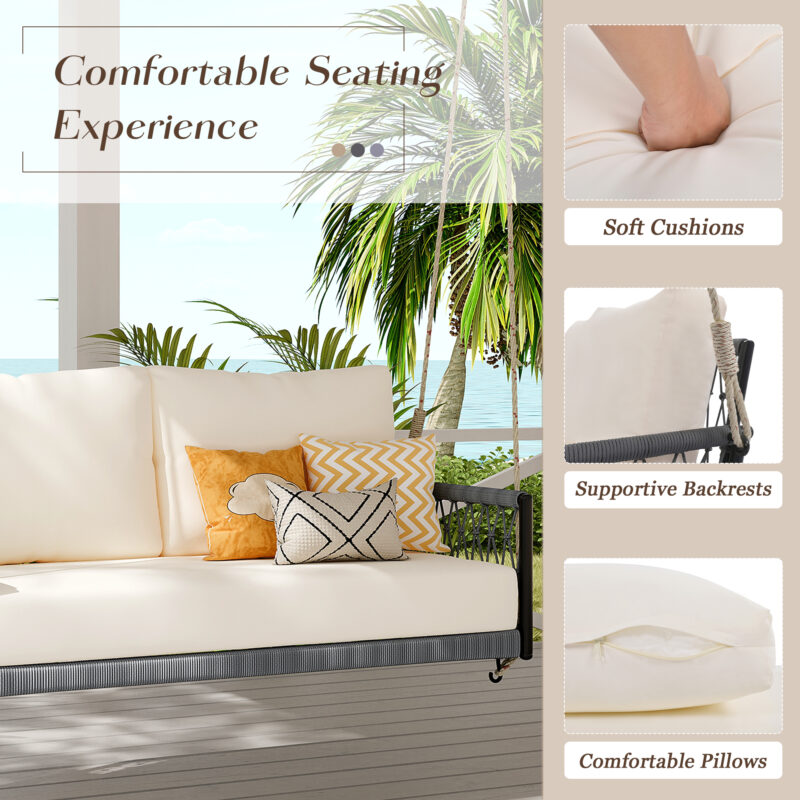TREXM 1-Piece Woven Rope Outdoor Swing Sofa with Soft Cushions Seating 2 for Patio, Courtyard and Balcony (Beige) - Image 6