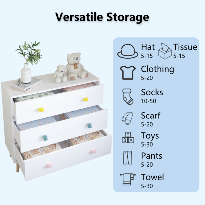 Kids 3 Drawer Dresser, Baby Nightstand for Bedroom, Storage Cabinet for Toddler Child for Living Room, Toddler Room, Nursery, Closet, Apartment (Colorful) - Image 8