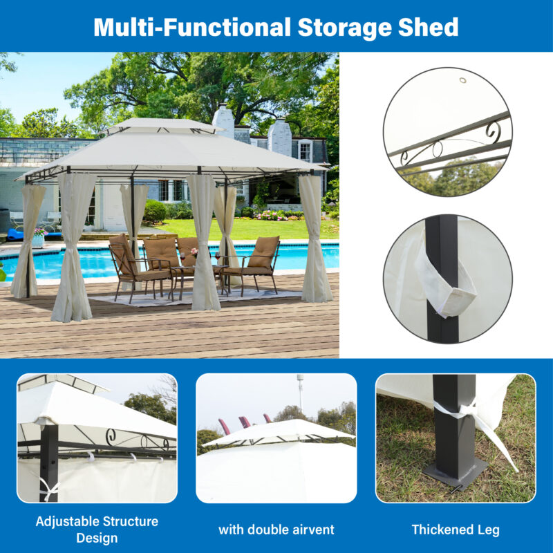 13x10 Outdoor Patio Gazebo Canopy Tent With Ventilated Double Roof And SideWall(Detachable Curtain Included On All Sides),Suitable for Lawn, Garden, Backyard and Deck,BEIGE - Image 2
