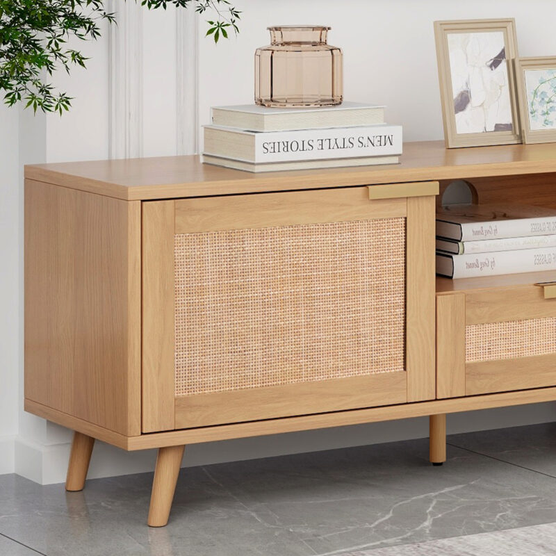 Rattan TV Stand for TVs up to 85'', Modern Farmhouse Media Console, Entertainment Center with Solid Wood Legs, TV Cabinet for Living Room,Home Theatre - Image 13