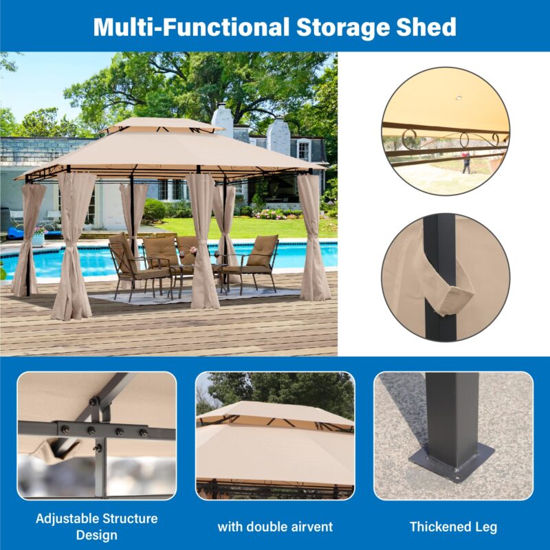 13x10 Outdoor Patio Gazebo Canopy Tent With Ventilated Double Roof And SideWall(Detachable Curtain Included On All Sides),Suitable for Lawn, Garden, Backyard and Deck,BEIGE - Image 18
