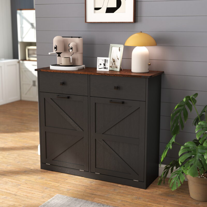 Farmhouse Double Tilt Out Trash Cabinet for 20 Gallon Trash Cans, Free Standing Recycling Cabinet with Hideaway Drawer, Barn Door Style Laundry Sorter Cabinet, Tilt Out Trash Cabinet for Kitchen - Image 7
