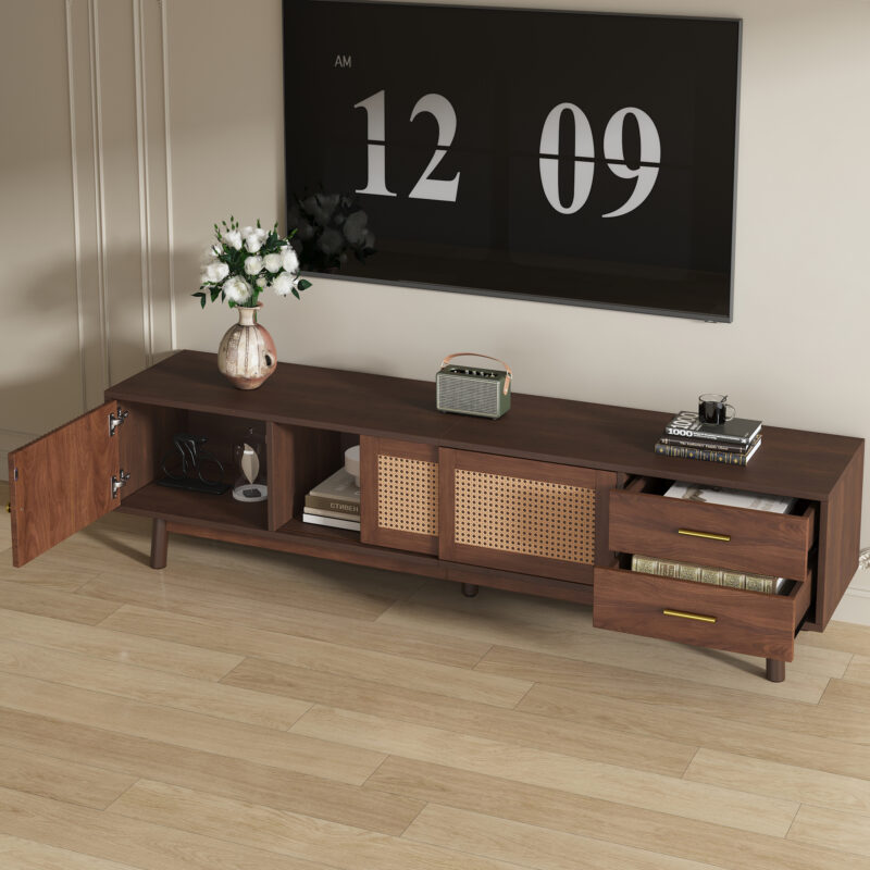 Mid Century Modern TV Stand for 80" TVs, Entertainment Center with Sliding Doors and Drawers, TV Table with Storage for Living Room, Bedroom - Image 5