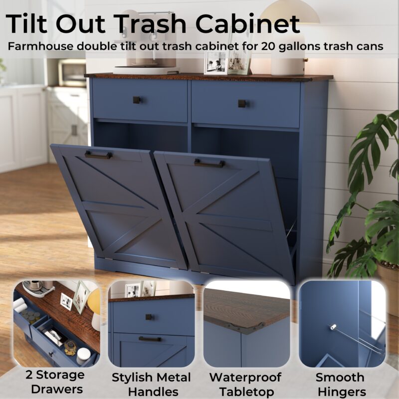 Farmhouse Double Tilt Out Trash Cabinet for 20 Gallon Trash Cans, Free Standing Recycling Cabinet with Hideaway Drawer, Barn Door Style Laundry Sorter Cabinet, Tilt Out Trash Cabinet for Kitchen - Image 19