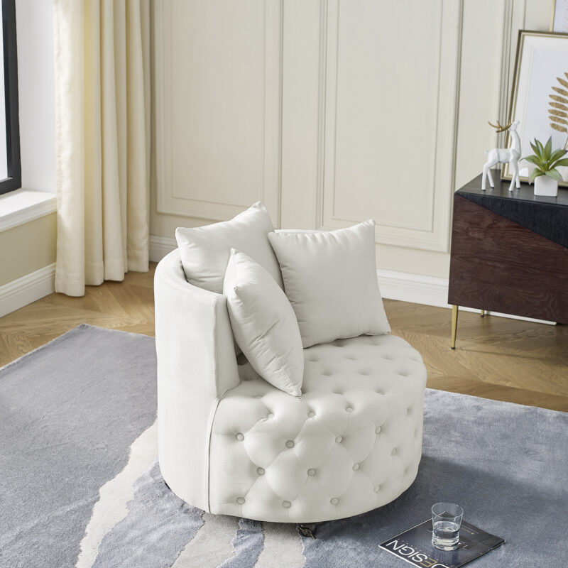 Velvet Upholstered Swivel Chair for Living Room, with Button Tufted Design and Movable Wheels, Including 3 Pillows - Image 4