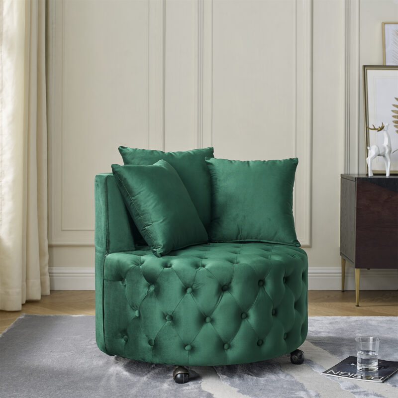 Velvet Upholstered Swivel Chair for Living Room, with Button Tufted Design and Movable Wheels, Including 3 Pillows - Image 7