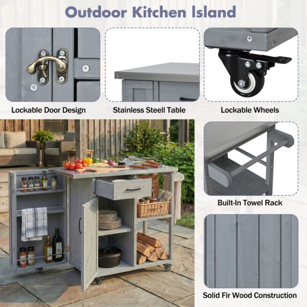Outdoor Kitchen Island Fir Wood Prep Station Lockable Kitchen Cart with Stainless Top, Ample Storage Space, Towel and Spice Racks for Patio and Outdoor