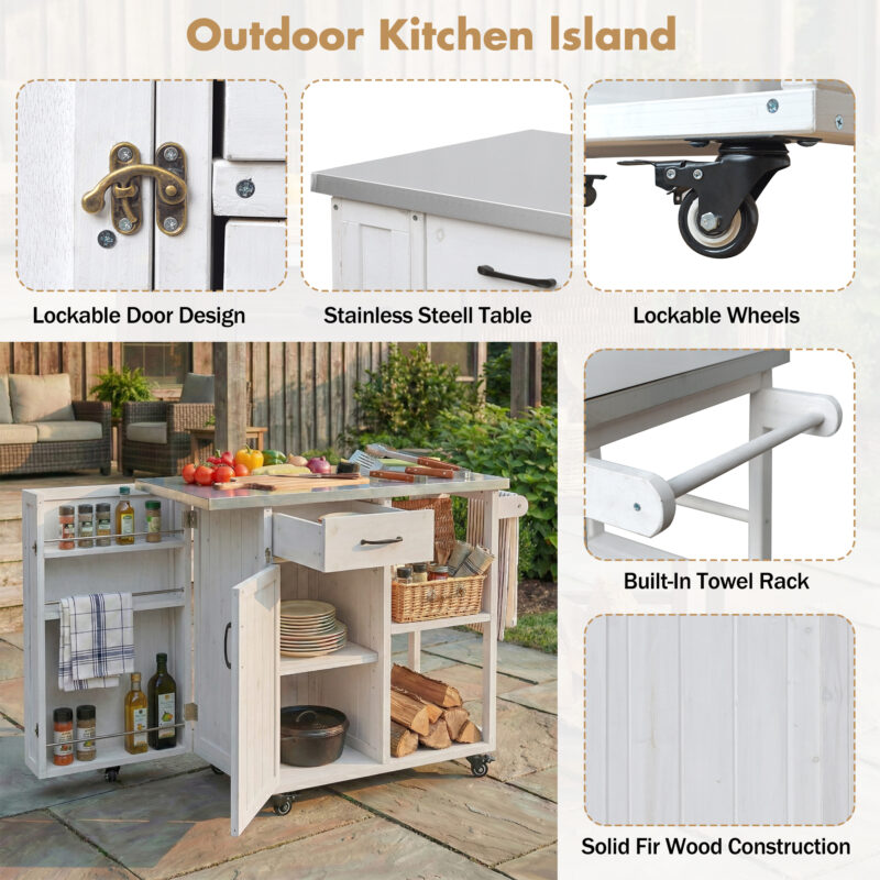 Outdoor Kitchen Island Fir Wood Prep Station Lockable Kitchen Cart with Stainless Top, Ample Storage Space, Towel and Spice Racks for Patio and Outdoor - Image 10