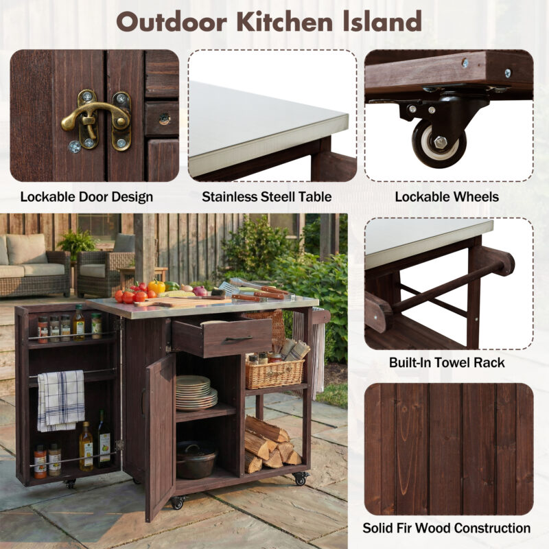 Outdoor Kitchen Island Fir Wood Prep Station Lockable Kitchen Cart with Stainless Top, Ample Storage Space, Towel and Spice Racks for Patio and Outdoor - Image 17