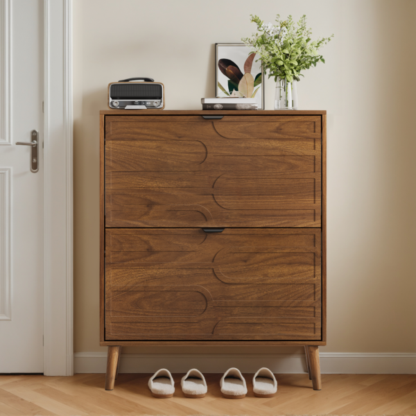 Medieval Modern Independent Shoe Cabinet, 31.5-inch Walnut Shoe Storage Cabinet,, Fence Shoe Cabinet with 2 Flip Drawers, Suitable For Corridors And Entrances