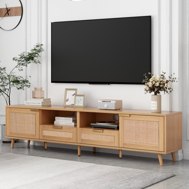 Rattan TV Stand for TVs up to 85'', Modern Farmhouse Media Console, Entertainment Center with Solid Wood Legs, TV Cabinet for Living Room,Home Theatre - Image 4