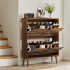 Medieval Modern Independent Shoe Cabinet, 31.5-inch Walnut Shoe Storage Cabinet,, Fence Shoe Cabinet with 2 Flip Drawers, Suitable For Corridors And Entrances - Image 4