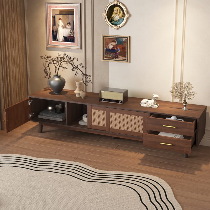 Mid Century Modern TV Stand for 80" TVs, Entertainment Center with Sliding Doors and Drawers, TV Table with Storage for Living Room, Bedroom - Image 4