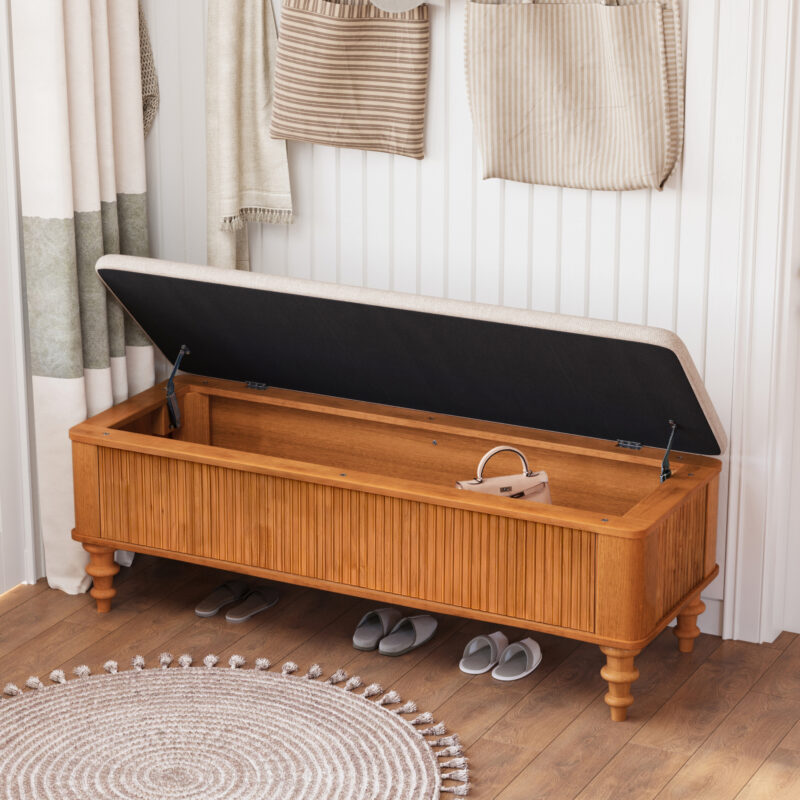 50.8-inch Multi-Functional Storage Ottoman Bench-Solid Rubberwood Bed End Bench with Linen Seat, Storage Bench for Bedroom, Entryway Shoe Organizer for Bedroom, Living Room, Entryway, Closet, Natural - Image 6