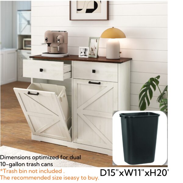 Farmhouse Double Tilt Out Trash Cabinet for 20 Gallon Trash Cans, Free Standing Recycling Cabinet with Hideaway Drawer, Barn Door Style Laundry Sorter Cabinet, Tilt Out Trash Cabinet for Kitchen