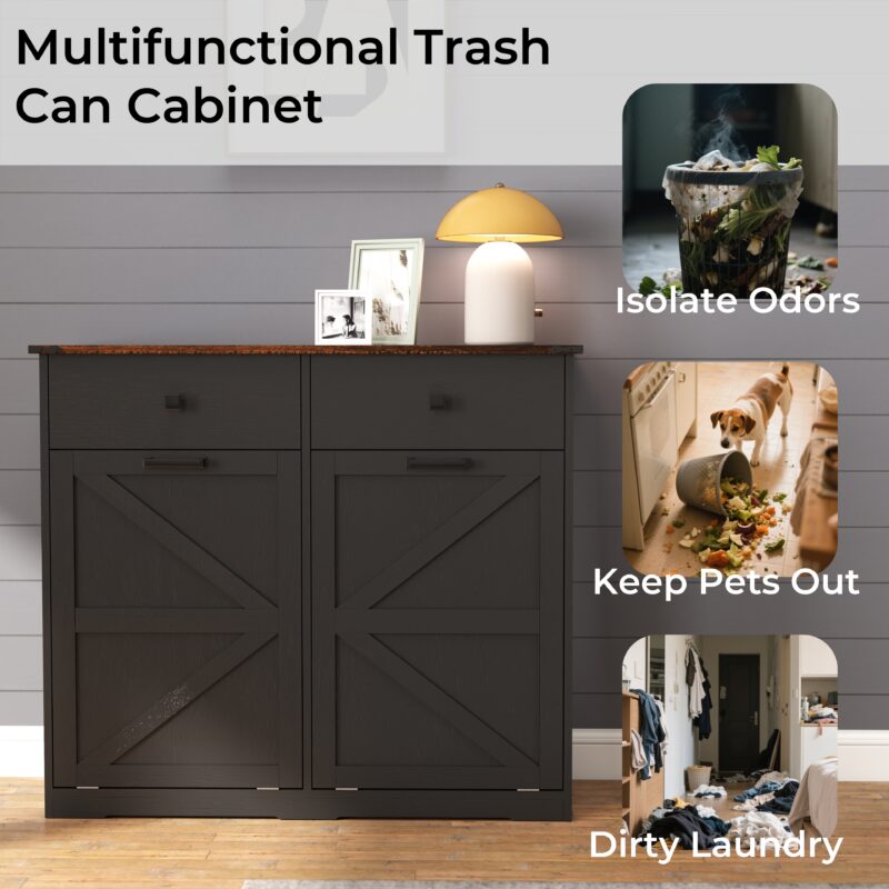 Farmhouse Double Tilt Out Trash Cabinet for 20 Gallon Trash Cans, Free Standing Recycling Cabinet with Hideaway Drawer, Barn Door Style Laundry Sorter Cabinet, Tilt Out Trash Cabinet for Kitchen - Image 9