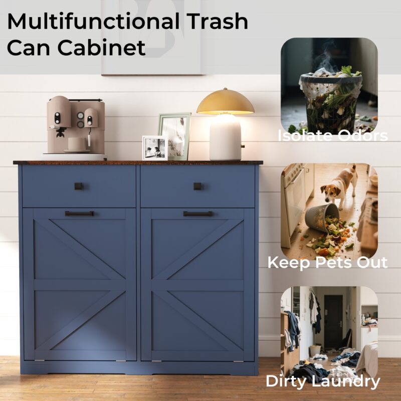 Farmhouse Double Tilt Out Trash Cabinet for 20 Gallon Trash Cans, Free Standing Recycling Cabinet with Hideaway Drawer, Barn Door Style Laundry Sorter Cabinet, Tilt Out Trash Cabinet for Kitchen - Image 20