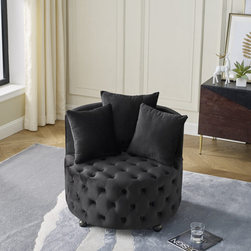 Velvet Upholstered Swivel Chair for Living Room, with Button Tufted Design and Movable Wheels, Including 3 Pillows - Image 2