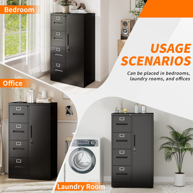 Metal Storage Vertical Filing Cabinet with Lock, Steel File Locker with 4 Drawers and 1 door for School, Living Room, Bedroom, Office (Black) - Image 7