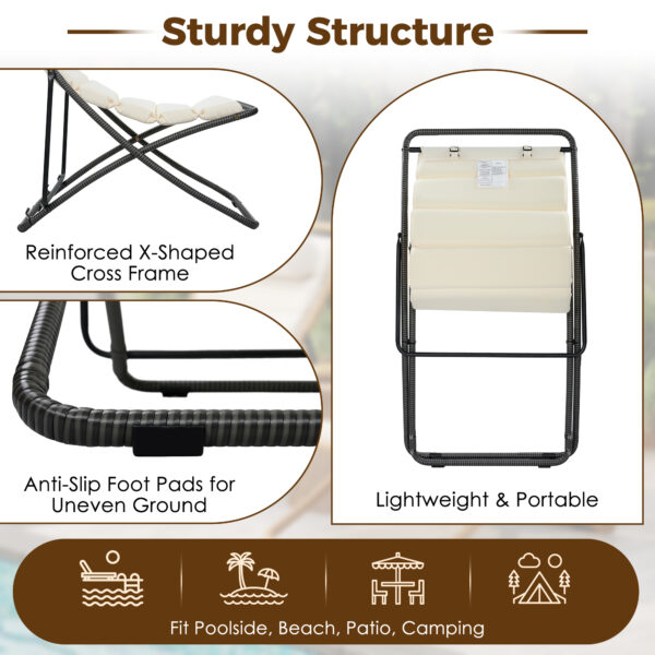 TREXM 2-Pieces Outdoor Folding Chair, Rattan-Wrapped Patio Chair with Adjustable Backrest, Thick Cushion, and Detachable Headrest ,for the Poolside, Beach, Backyard, Decck, and Camping