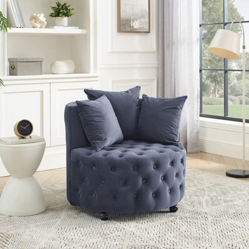 Velvet Upholstered Swivel Chair for Living Room, with Button Tufted Design and Movable Wheels, Including 3 Pillows - Image 8