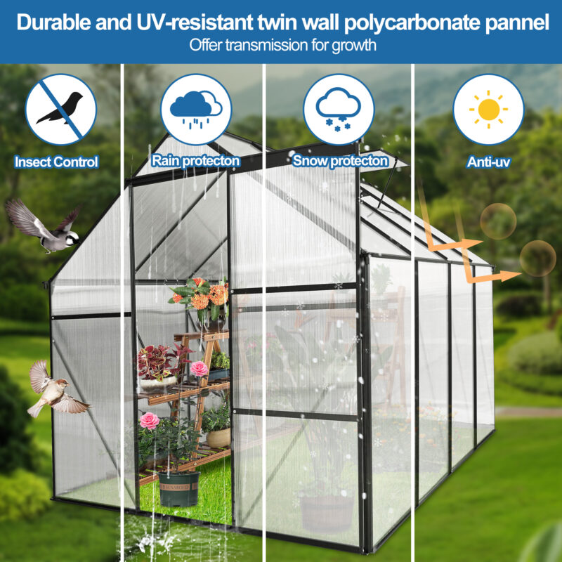 6x8 FT Polycarbonate Greenhouse Raised Base and Anchor Aluminum Heavy Duty Walk-in Greenhouses for Outdoor Backyard in All Season - Image 2