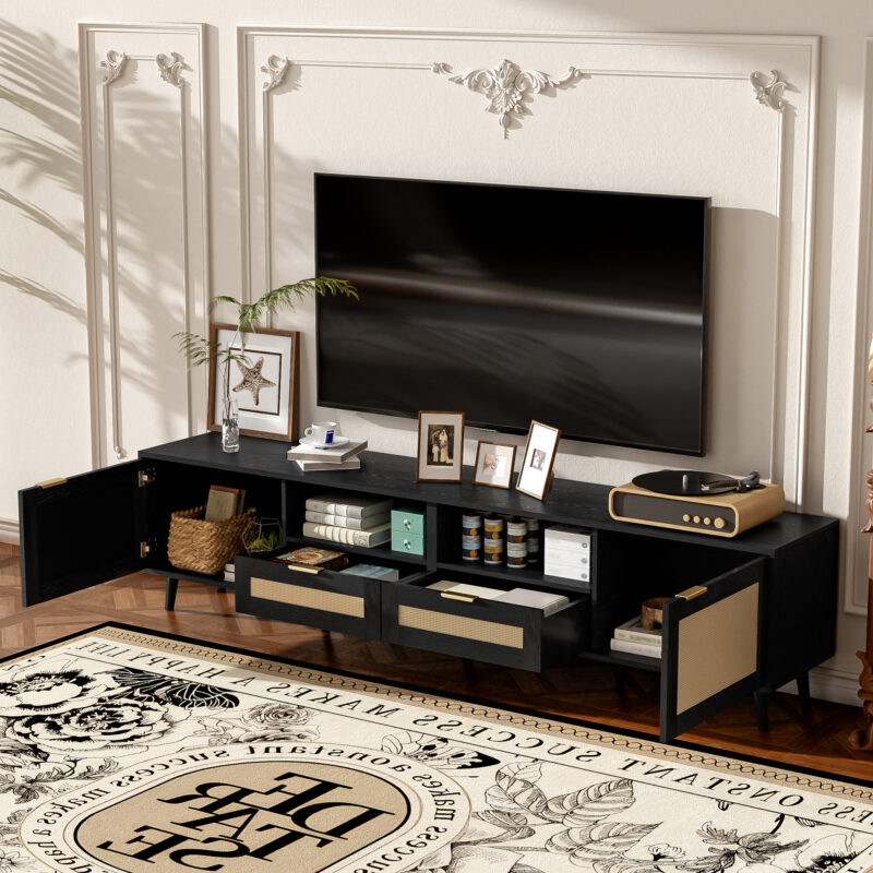Rattan TV Stand for TVs up to 85'', Modern Farmhouse Media Console, Entertainment Center with Solid Wood Legs, TV Cabinet for Living Room,Home Theatre - Image 18