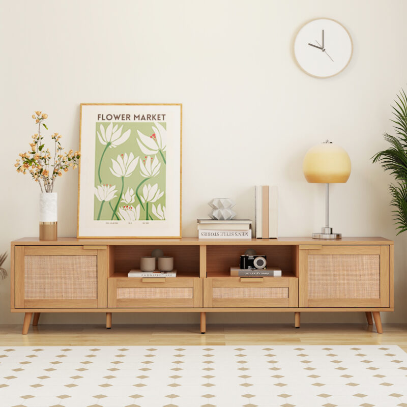 Rattan TV Stand for TVs up to 85'', Modern Farmhouse Media Console, Entertainment Center with Solid Wood Legs, TV Cabinet for Living Room,Home Theatre - Image 3