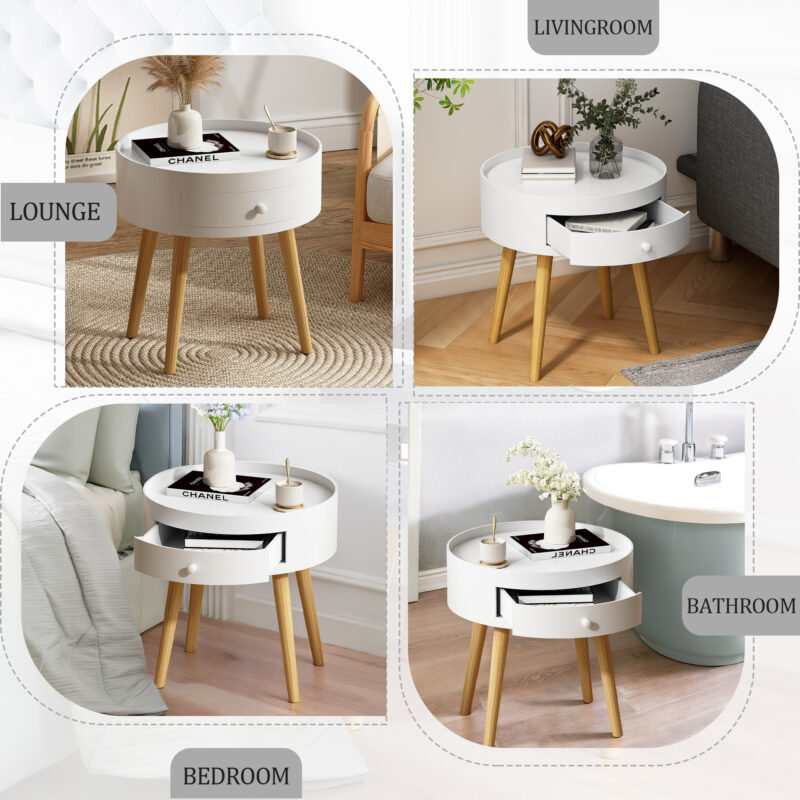 18"H Nightstand with Storage Drawer & Oak Legs Bedside Table, Sofa Side Coffee Table for Bedroom, Living Room, White - Image 4