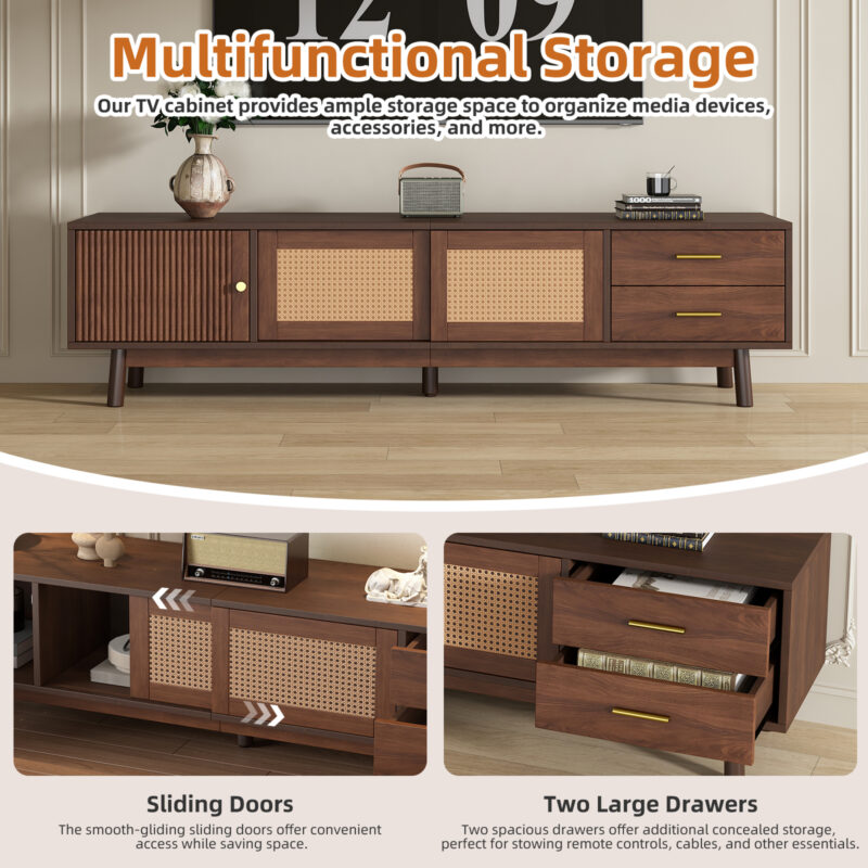 Mid Century Modern TV Stand for 80" TVs, Entertainment Center with Sliding Doors and Drawers, TV Table with Storage for Living Room, Bedroom - Image 3