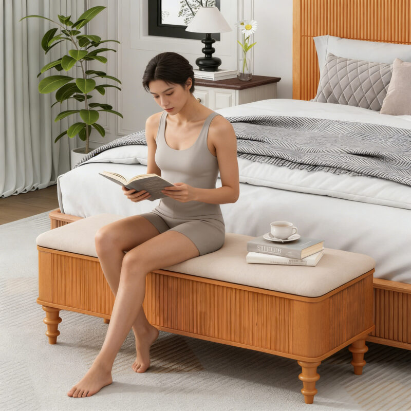50.8-inch Multi-Functional Storage Ottoman Bench-Solid Rubberwood Bed End Bench with Linen Seat, Storage Bench for Bedroom, Entryway Shoe Organizer for Bedroom, Living Room, Entryway, Closet, Natural - Image 5
