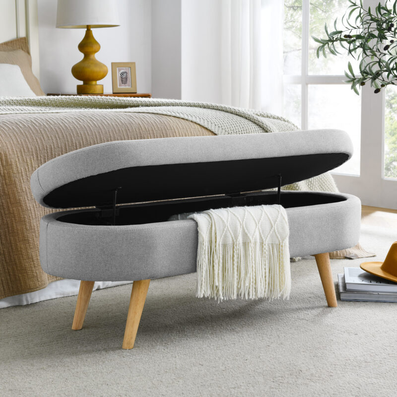 Ottoman Oval Storage Bench,Rubber Wood Legs, Beige(43.5"x16"x16") - Image 7