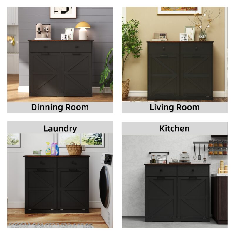 Farmhouse Double Tilt Out Trash Cabinet for 20 Gallon Trash Cans, Free Standing Recycling Cabinet with Hideaway Drawer, Barn Door Style Laundry Sorter Cabinet, Tilt Out Trash Cabinet for Kitchen - Image 10