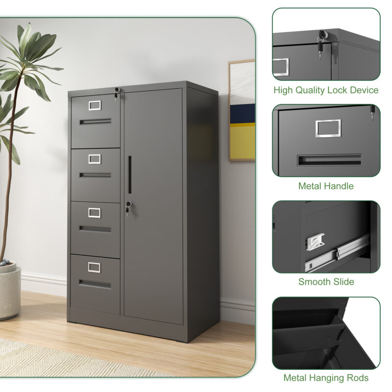 Metal Storage Vertical Filing Cabinet with Lock, Steel File Locker with 4 Drawers and 1 door for School, Living Room, Bedroom, Office (Black) - Image 4