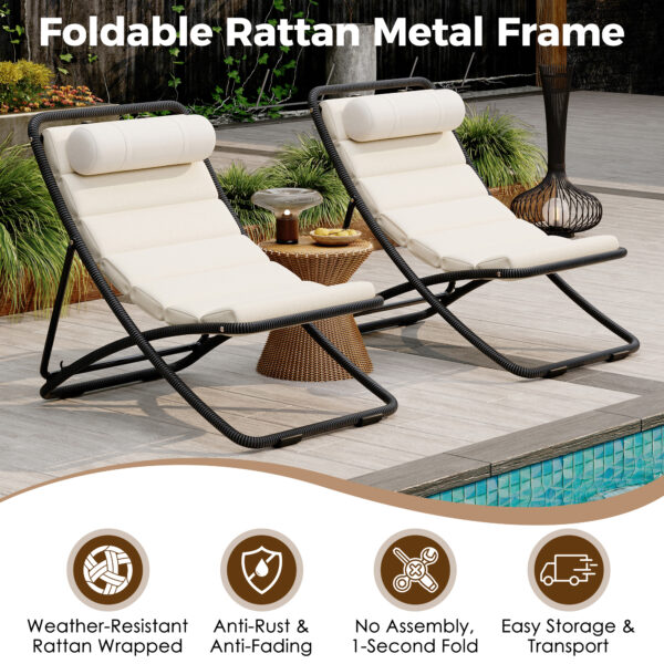 TREXM 2-Pieces Outdoor Folding Chair, Rattan-Wrapped Patio Chair with Adjustable Backrest, Thick Cushion, and Detachable Headrest ,for the Poolside, Beach, Backyard, Decck, and Camping