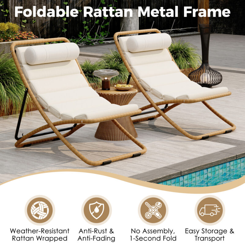 TREXM 2-Pieces Outdoor Folding Chair, Rattan-Wrapped Patio Chair with Adjustable Backrest, Thick Cushion, and Detachable Headrest ,for the Poolside, Beach, Backyard, Decck, and Camping - Image 10