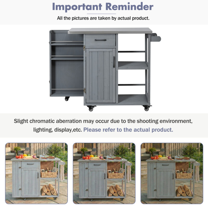 Outdoor Kitchen Island Fir Wood Prep Station Lockable Kitchen Cart with Stainless Top, Ample Storage Space, Towel and Spice Racks for Patio and Outdoor - Image 6