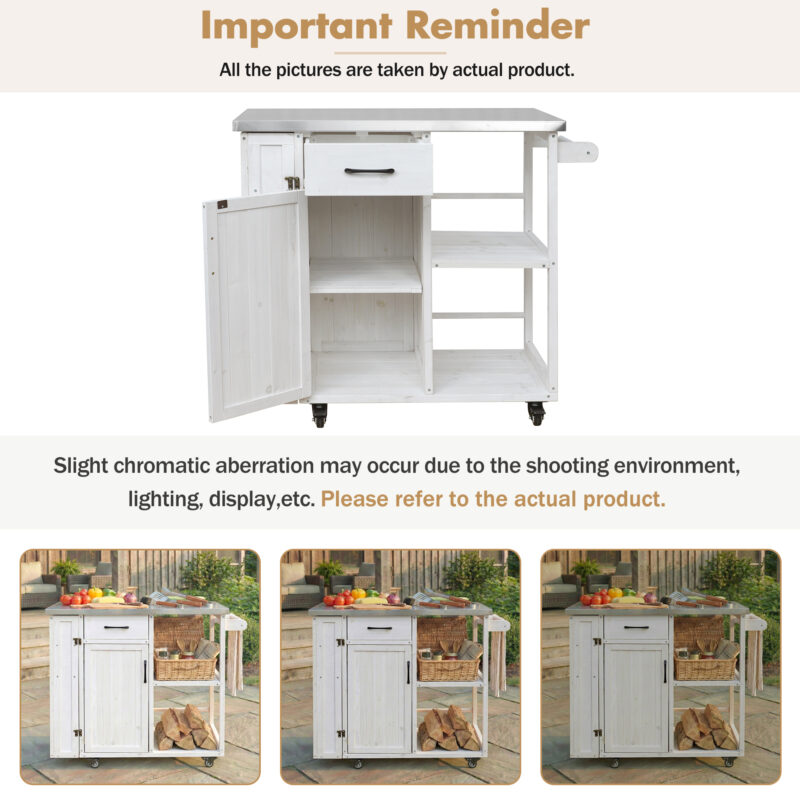 Outdoor Kitchen Island Fir Wood Prep Station Lockable Kitchen Cart with Stainless Top, Ample Storage Space, Towel and Spice Racks for Patio and Outdoor - Image 12