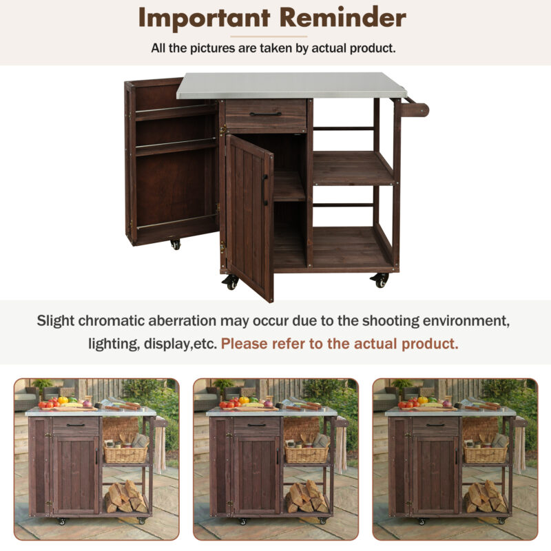 Outdoor Kitchen Island Fir Wood Prep Station Lockable Kitchen Cart with Stainless Top, Ample Storage Space, Towel and Spice Racks for Patio and Outdoor - Image 21