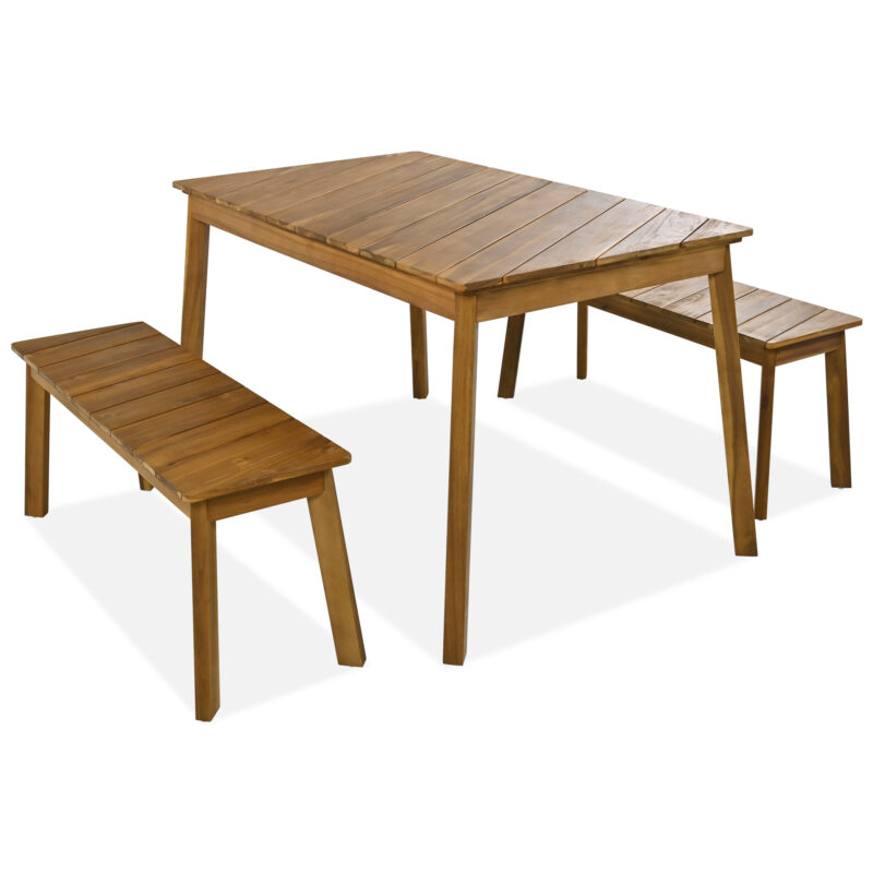 GO 3 Pieces Acacia Wood Table Bench Dining Set For Outdoor & Indoor Furniture With 2 Benches, Picnic Beer Table for Patio, Porch, Garden, Poolside, Natural - Image 5