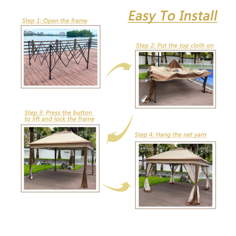Outdoor 11x 11Ft Pop Up Gazebo Canopy With Removable Zipper Netting,2-Tier Soft Top Event Tent,Suitable For Patio Backyard Garden Camping Area,Coffee - Image 5