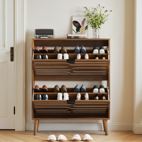 Medieval Modern Independent Shoe Cabinet, 31.5-inch Walnut Shoe Storage Cabinet,, Fence Shoe Cabinet with 2 Flip Drawers, Suitable For Corridors And Entrances