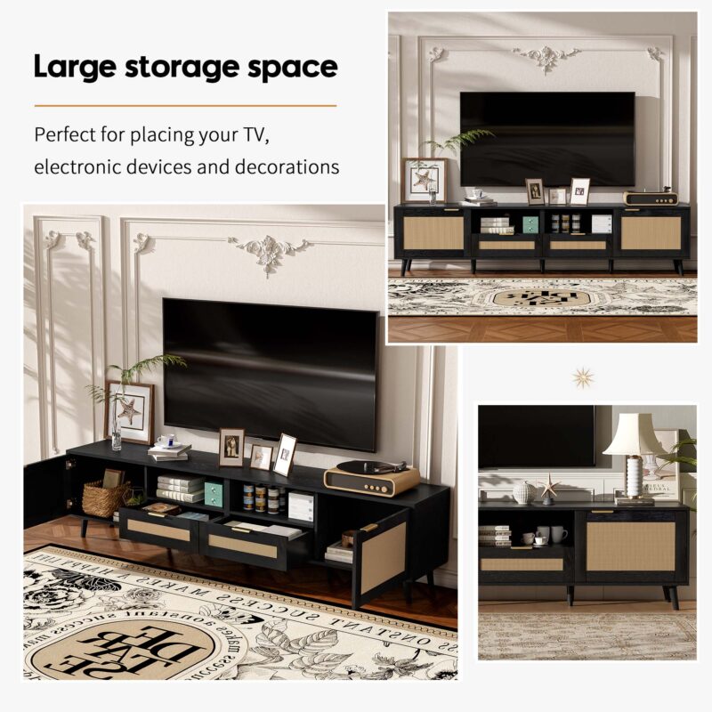 Rattan TV Stand for TVs up to 85'', Modern Farmhouse Media Console, Entertainment Center with Solid Wood Legs, TV Cabinet for Living Room,Home Theatre - Image 17